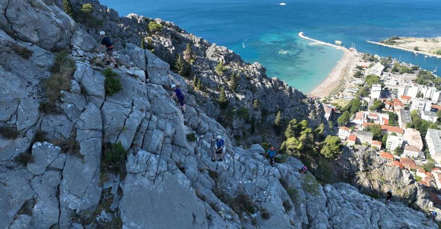 3-Hour Via-Ferrata Adventure in Fortica Fortress - Entering the ridge route, safety wire climbing, and Omiš sea views