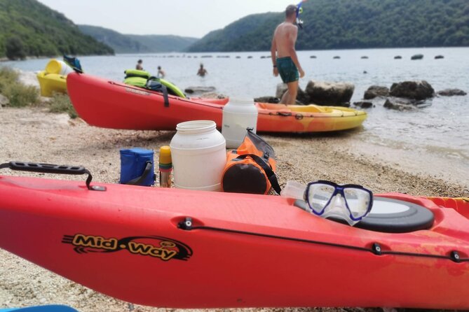 Kayaking Experience in Lim Bay Sea in The Croatian Fjord - The mid-bay break on a small beach: where the trip turns from work to joy